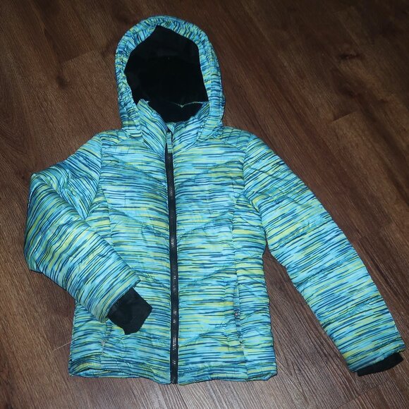 Girls SO Blue Green Black Warm Cozy Winter Snow Puffer Coat Jacket with Hood 7/8
